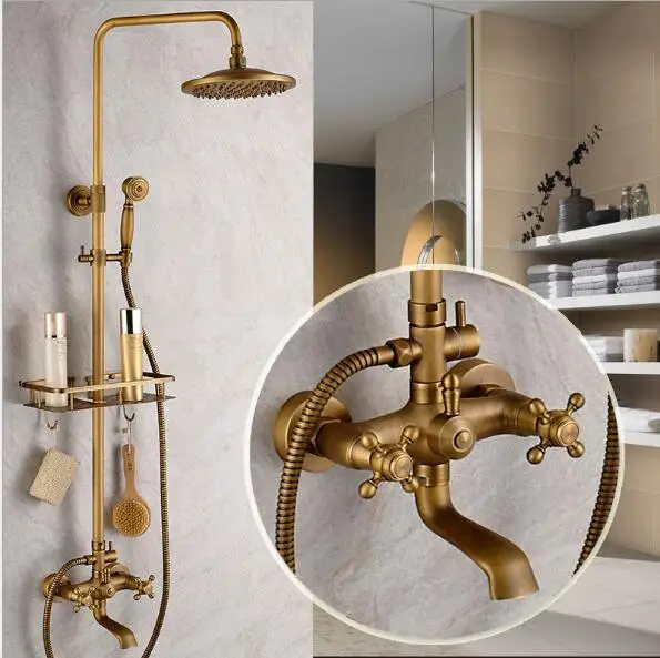 Luxury Antique Bath Rainfall Shower Faucet Set Brass Bathtub Faucet Tap with Hand Spray Bath & Shower Faucet with bathroom shelf