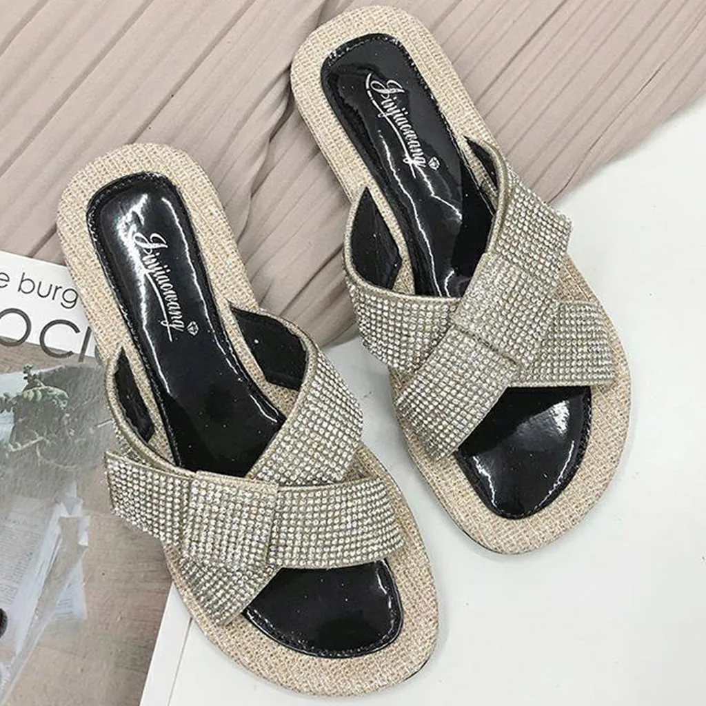 

SAGACE Ladies Slipper Flat with Shoes Women's Summer Flat Bottomed Rhinestone Open Toe Slippers Non-Slip Beach Slipper 2019