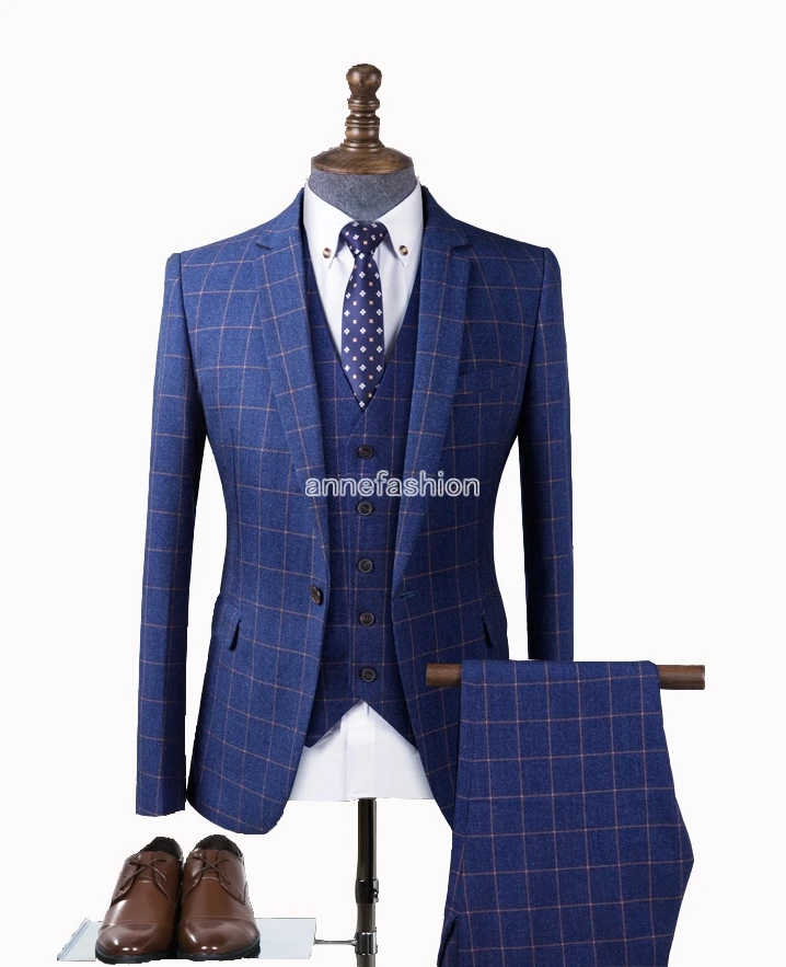 

Custom Made Men windowpane check pattern a lot color Suits Retro gentleman Classic Men Slim Fit blue plaid casual Wedding Suit