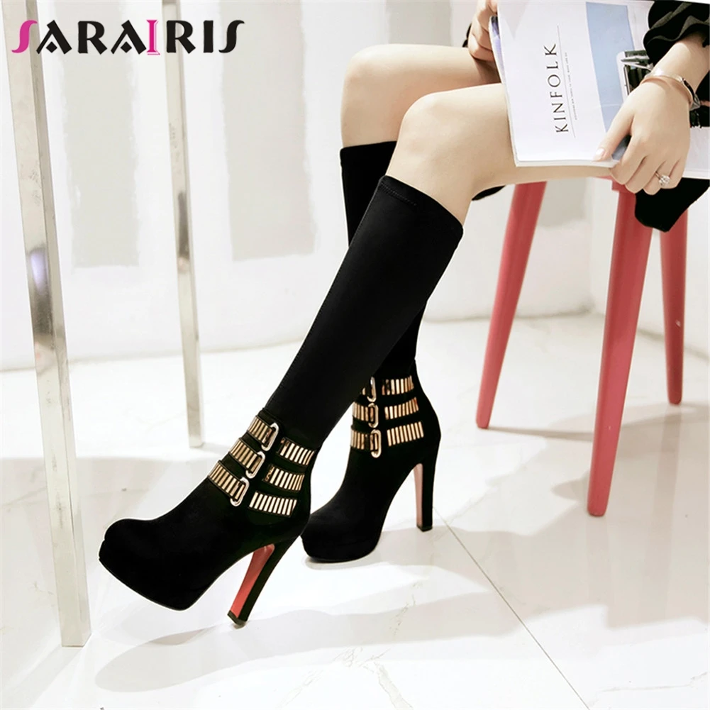 

SARAIRIS Brand New Square High Heels Metal Decoration Platform Shoes Woman Casual Party Winter Mid Calf Boots Big Size 33-43
