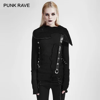 

PUNK RAVE Punk Style Street Fashion Jacket Women Black Cool Girls Knitted Sweatshirt Decadent Thread Stitching Hood Top