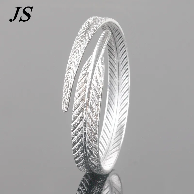 

JS Women Fashion Brand Silver Plated Leaf Cuff Bracelet Female Vintage Charm Simple Open Feather Bangle Indian Jewelry SB013