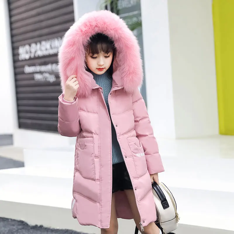 Куртки для девочек г. Новая детская зимняя одежда пальто для девочек Теплые Длинные пуховые пальто с меховым воротником и капюшоном для подростков, Детская верхняя одежда - Цвет: Pink