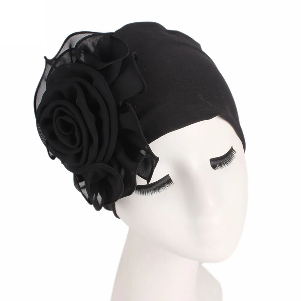 Женские эластичные шапочки с большим цветком, кепка для волос, Африканский тюрбан, бохо, головной убор, Свадебная вечеринка, шапка, тюрбанты, mujer# H - Цвет: Black