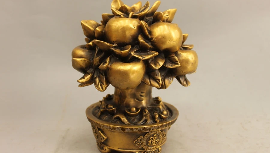 

Chinese bronze Copper carving apple Tree Feng Shui Wealth Decor sculpture