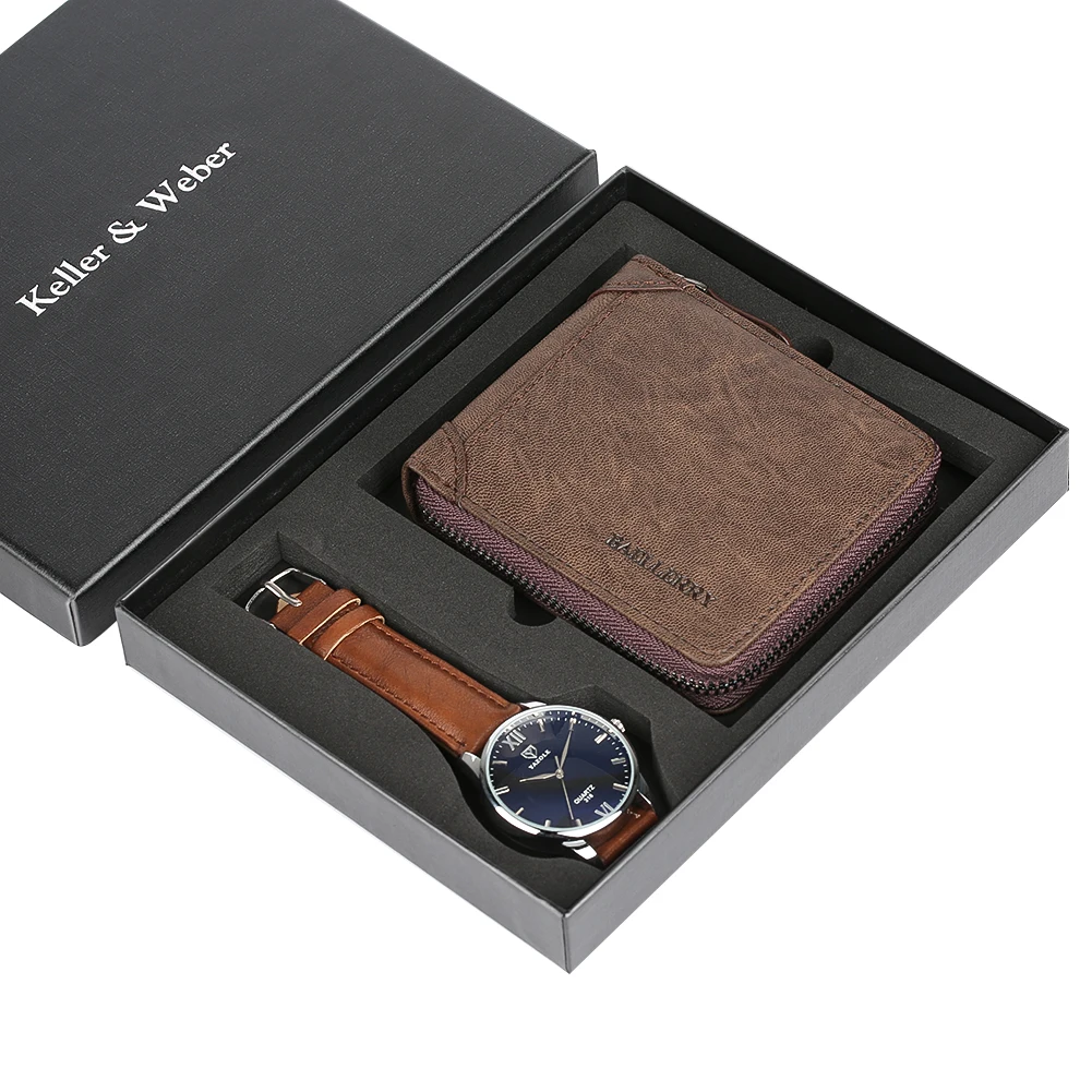 Business Men's Quartz Wristwatch Men Watches Purses Money Clip Credit Card Leather Wallet Gift Set for Dad Boyfriend Top Luxury