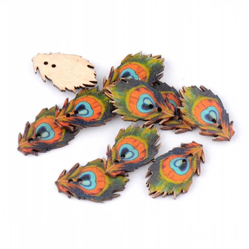 Free Shipping 10Pcs Random Mixed Lovely Peacock Feathers 2 Holes Wood Painting Sewing Buttons Scrapbooking 21x35mm F0005 | Дом и сад