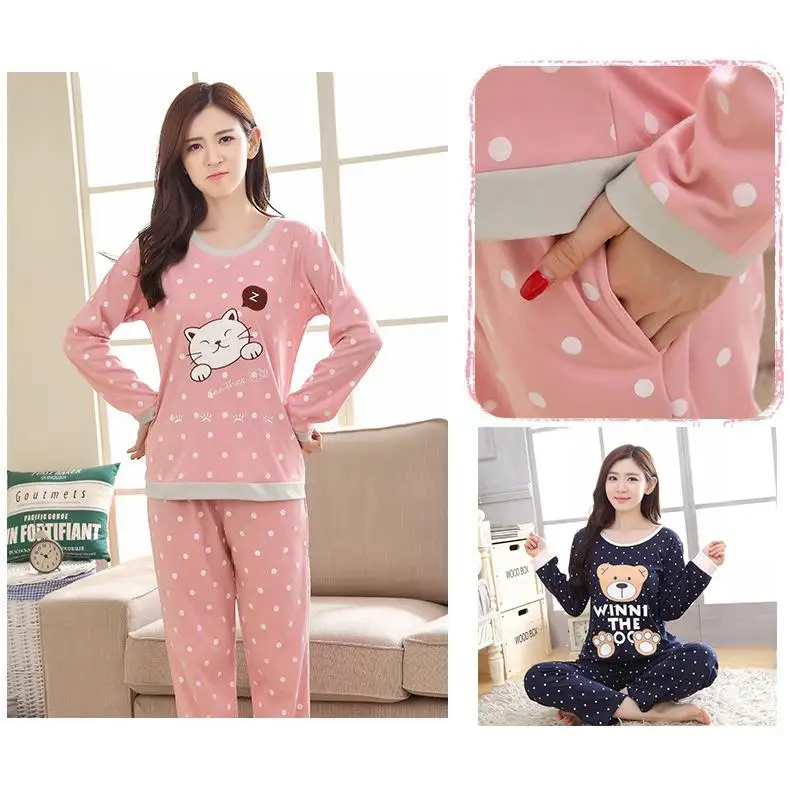 

Yfashion Women Cute Cartoon Bear Dot Pajamas Set Cotto Long Sleeve Spring Autumn Comfortable Pajamas Pyjamas Sets Female Women