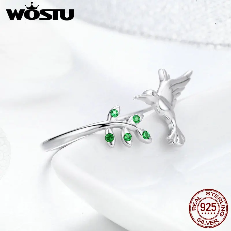 WOSTU Аутентичные 925 пробы серебро колибри и листья Открытое кольцо для Для женщин