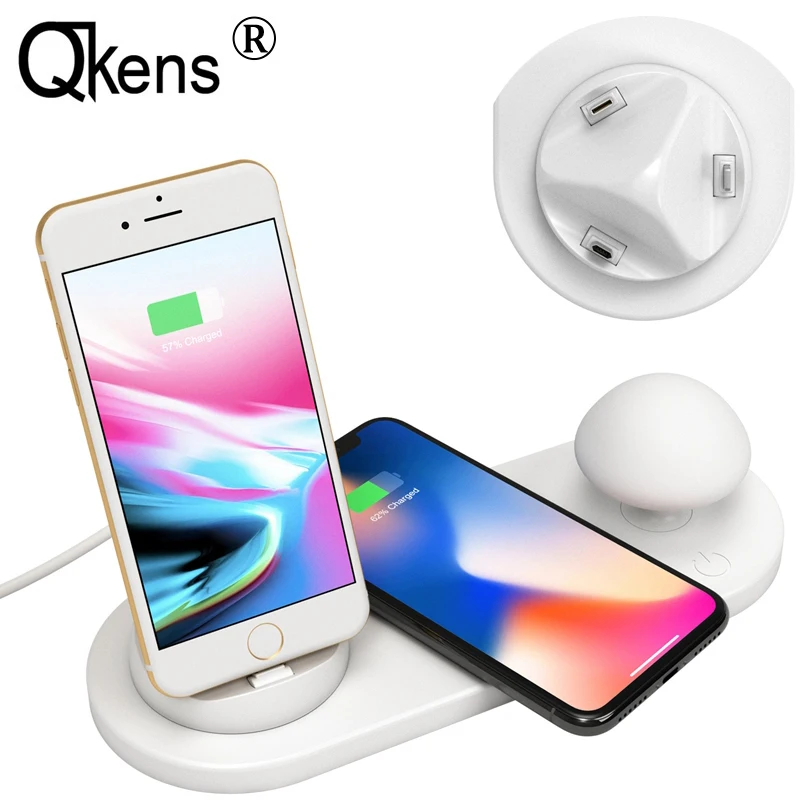 5in1 10W USB Charging Dock Station Qi Wireless Charger Desktop Mushroom Light for iPhone XS MAX