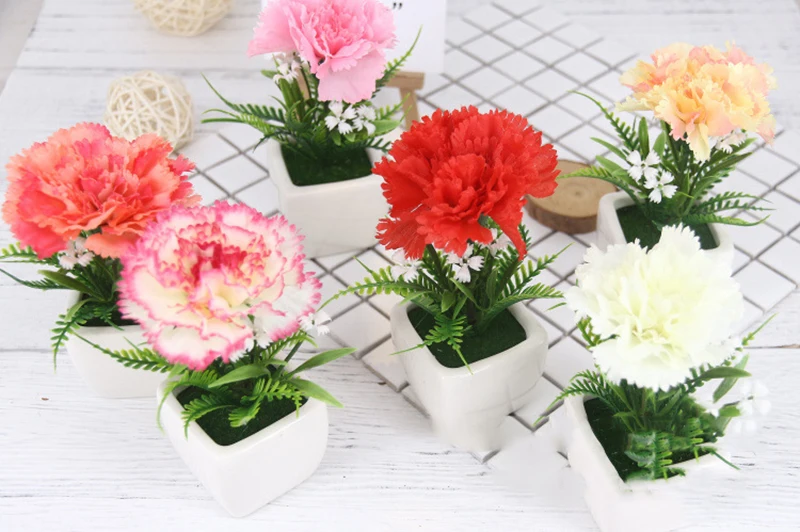 Flone Silk Carnation Flower Bonsai Fake Flowers Potted Artificial Flower Small Potted For Home Living Room Garden Decoration (1)