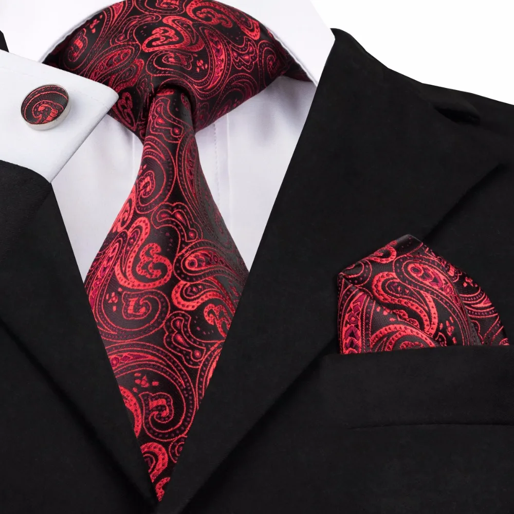 SN-314 Red Black Paisley Tie Hanky Cufflinks Sets Men