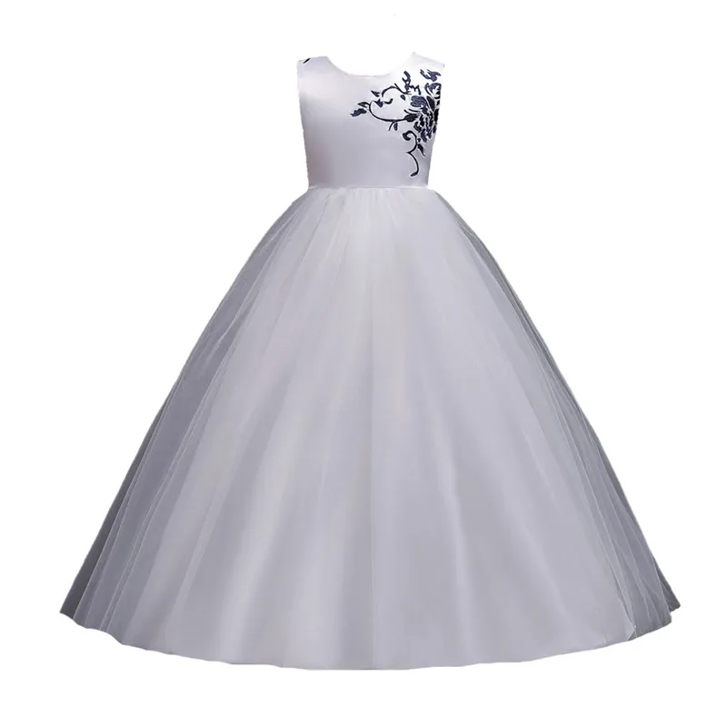 Вечерние платья принцессы для девочек, белое, розовое свадебное платье без рукавов с вышивкой для маленьких девочек 6, 7, 8, 9, 10, 11, 12, 13, 14, 15, 16 лет - Цвет: White