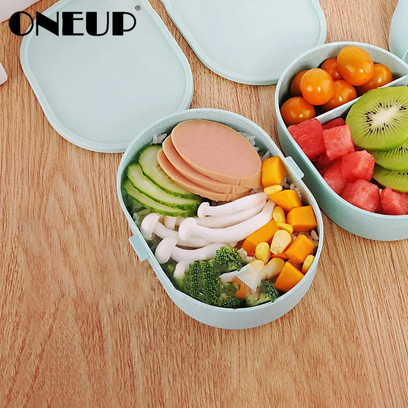 

ONEUP Wheat Straw Kids Lunch Box Food Heated Container Thermal Lunch Box Containers With Compartments With Water Bottle Bento