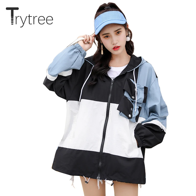 

Trytree Summer Autumn Hooded Jacket Casual Zipper Women Patchwork Polyester Lantern Sleeve pockets Tops sun-protective Thin coat