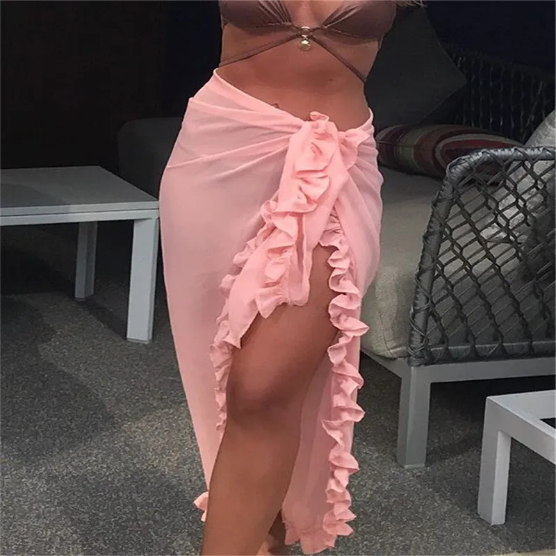 

Summer Women Ruffles See Through Long Skirts Fashion Cover Beachwear Chiffon Slim Lace Up Split Transparent Skirt Casual Vestido