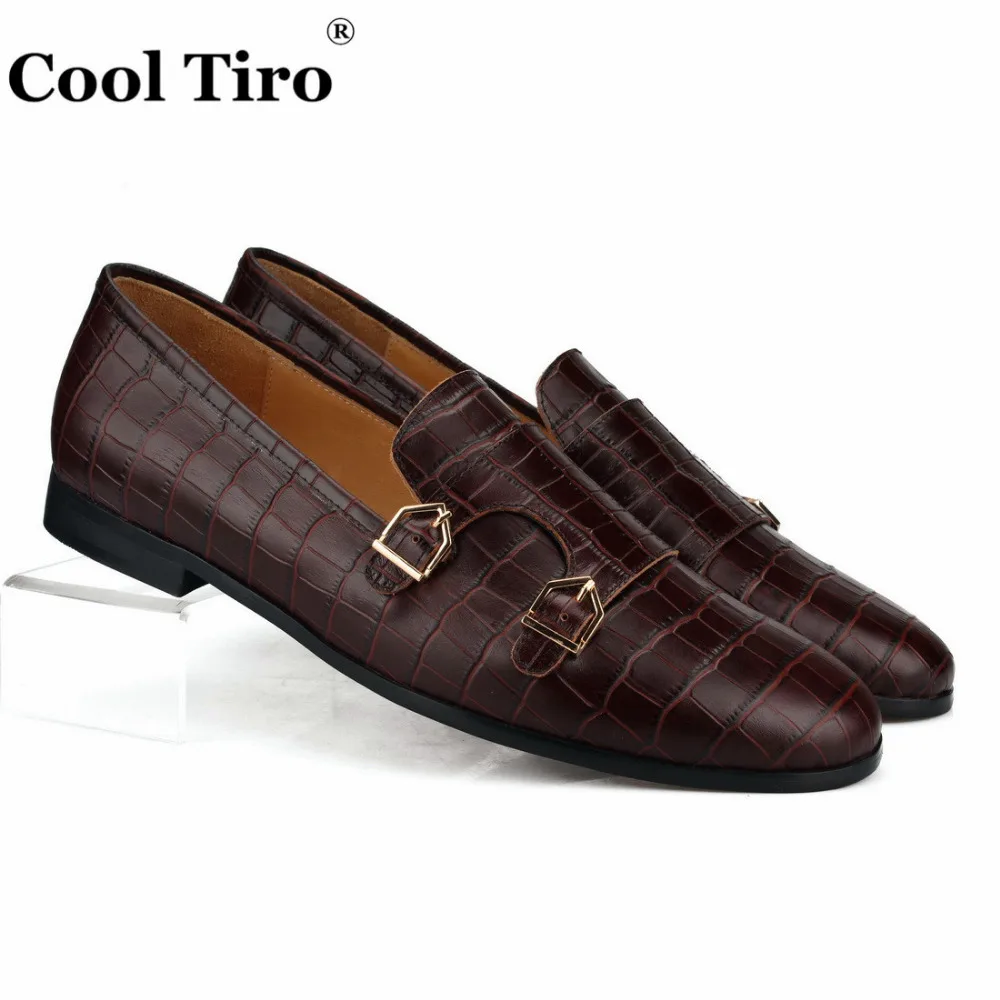 Cool Tiro/коричневый двойной Monk Loafers Для мужчин тапочки мокасины крокодиловый принт Повседневная обувь Свадебная вечеринка Туфли под платье человек Туфли без каблуков