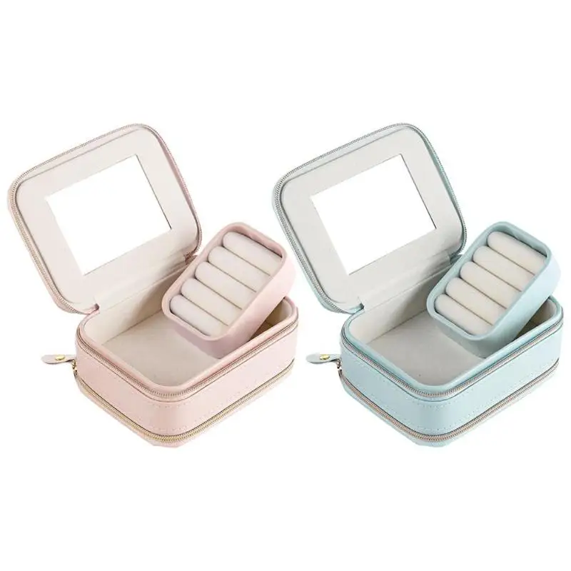 

Large Capacity 2 Layers Solid Color Portable Square Stud Hook Earrings Storage Display Case PU Leather Rings Bracelet Necklace O