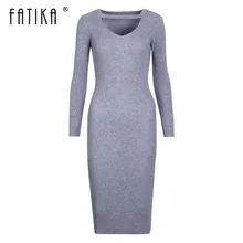FATIKA Halter Long sleeve Grey Knitted Sweater Women font b Slim b font Dresses Autumn Red