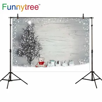 

Funnytree photocall photophone light grey wood christmas tree white spot Toy Bear train winter baby child backdrop photography