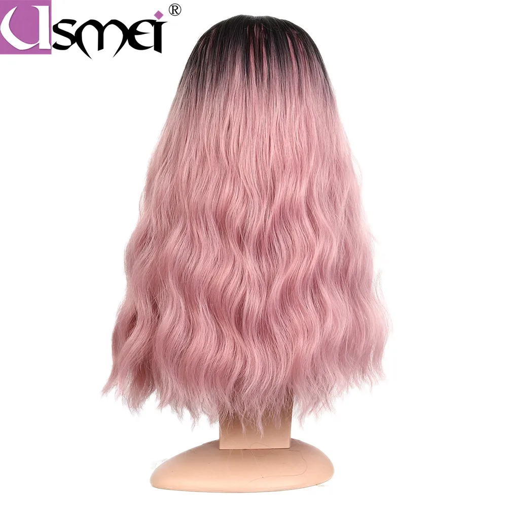 USMEI короткие плечи натуральные волнистые парики для женщин средняя часть Омбре розовый черный корень синтетический парик для Косплей Повседневная одежда hairnet