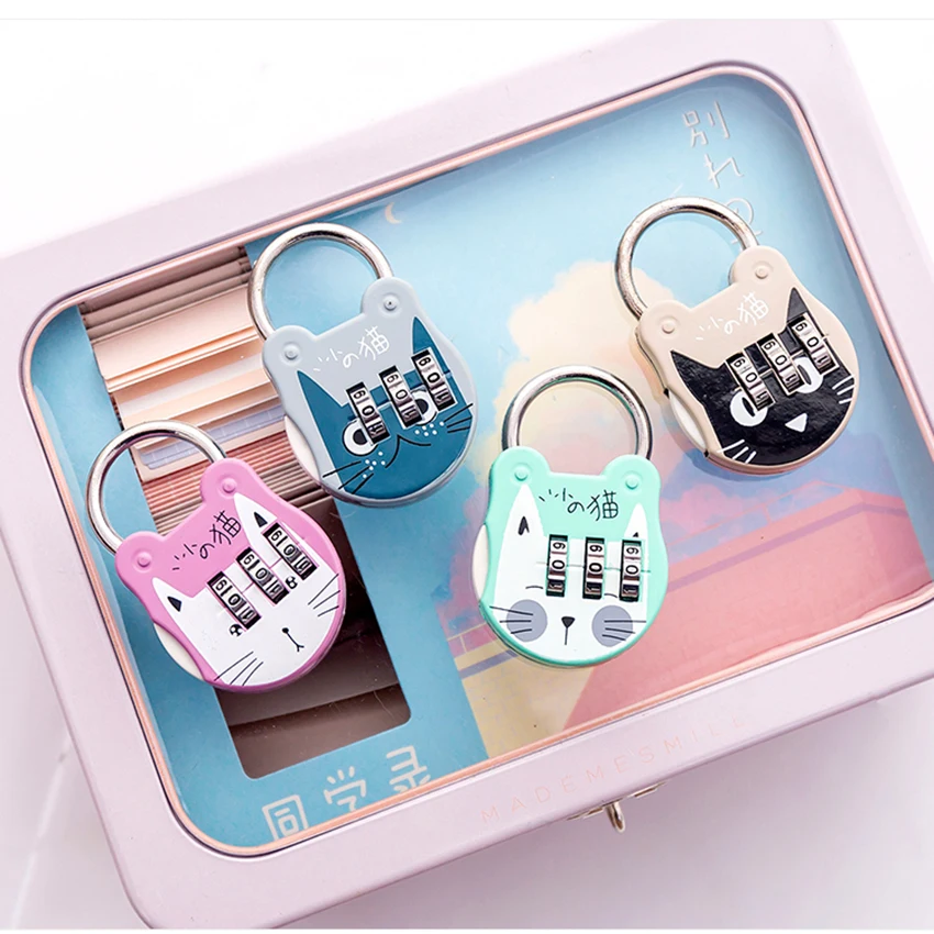 1pc Cute Cat Luggage Padlock Suitcase Backpack Password Lock Cartoon Mini Keyed Padlock Journal Notebook Handbag Code Locks