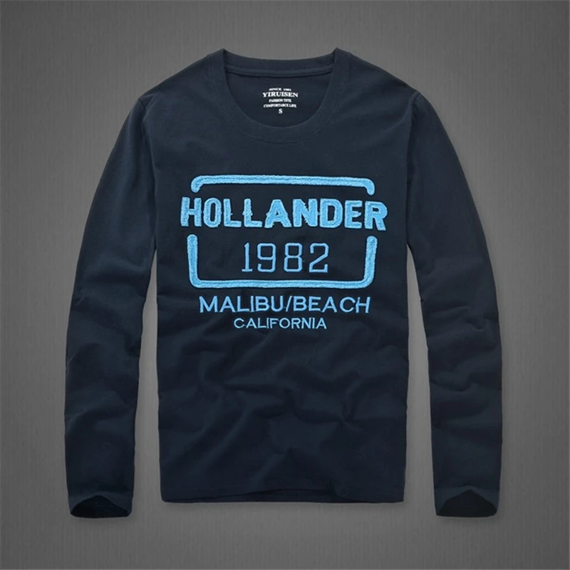 Мужская футболка из хлопка с вышивкой и длинным рукавом, футболки с круглым вырезом, топы высокого качества