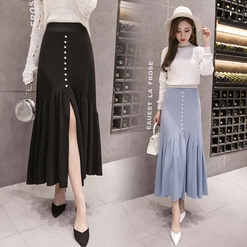 

High Waist Irregular Split Saia Midi Fashion Wild Knitting Ruffles Women's Skirt Temperament Elegant Faldas Mujer Moda 2018