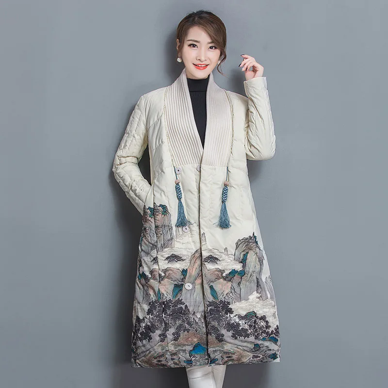 

Chinese Paint Down Coat Fashion Women Winter Jacket Female Warm Thick Parkas Coat A Linen Design Loose Large Size