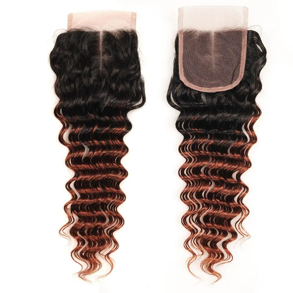 Pinshair Pre-Colored Ombre Brazilian Hair 3 Bundles With Closure T1B33 Non-Remy Deep Wave Human Hair Bundles With Lace Closure (26)