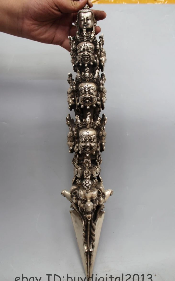 Buddhism Old delicate Tibetan silver Carving Mahakala Buddha Head Vajra Statue