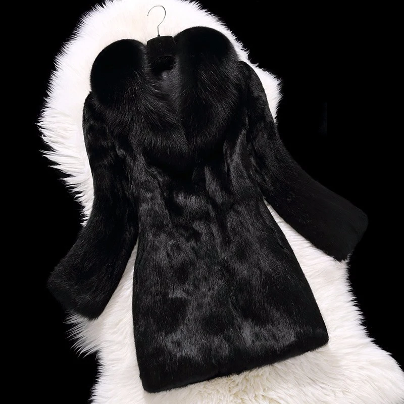 Luxury Big Genuine Full pelt Rabbit Fur Coat With Real Natural Fox Fur Collar Hot Wholesale Customize Plus Size Overcoat TSR100