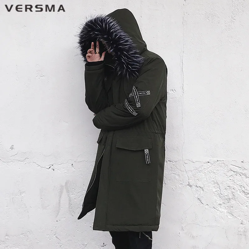 VERSMA, японский Harajuku, большие размеры, Длинные Молодежные зимние куртки, пальто, парки для мужчин, в стиле хип-хоп, с лентами, в стиле пэчворк, с меховым воротником, Мужская парка