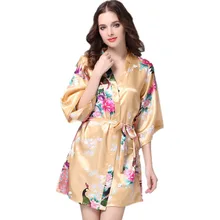 Бренд золото женский с цветочным принтом кимоно платье Китайский Стиль Silk Satin Robe ночная рубашка цветок размеры S M L XL XXL, XXXL