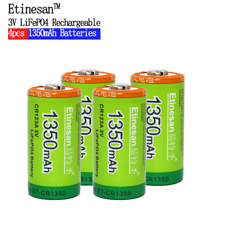

4pcs/lot Etinesan 1350mAh Cr123a 3v lithium battery 16340 3.0V camera lithium rechargeable battery flashlight