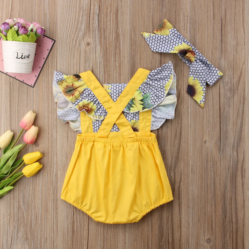 Newborn Infant Baby Girls Ruffles Sunflower Romper Fake two pieces Jumpsuit Outfit Sunsuit Clothes baby clothing