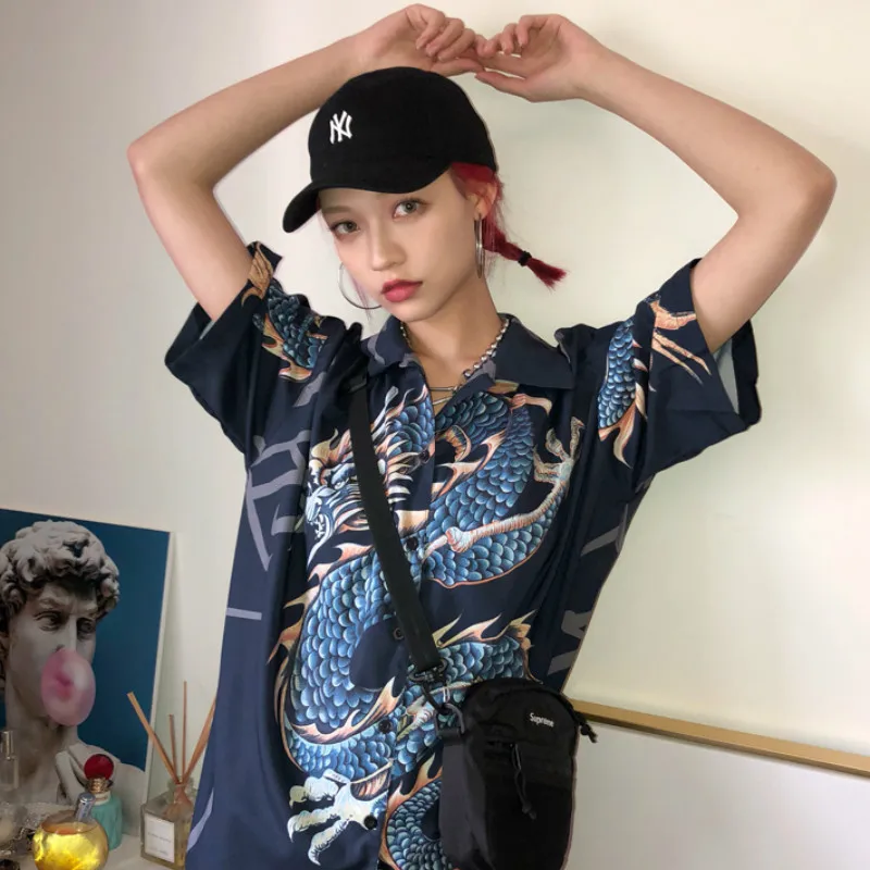 

Harajuku Flying Dragon Printed Blouses Shirts Single-breasted Retro Unisex Floral Print Cardigan Short-sleeved Hip hop Tops