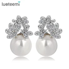 LUOTEEMI Лидер продаж корейская мода уникальный дизайн CZ Цветок Имитация жемчужной Сережки для женщин невесты свадебные подарки