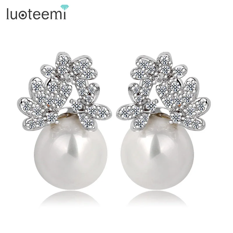 

LUOTEEMI Hot Sale Korean Fashion Unique Design CZ Flower Imitation Pearl Earring for Women Bride Wedding Gifts
