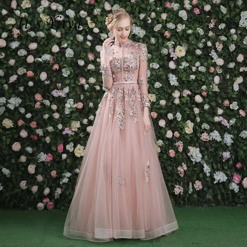 

It's Yiiya Evening Dress Pink Long Sleeves Floral Print Lace Up A-line Floor Length Party Gown Evening Gowns Prom Dresses LX028