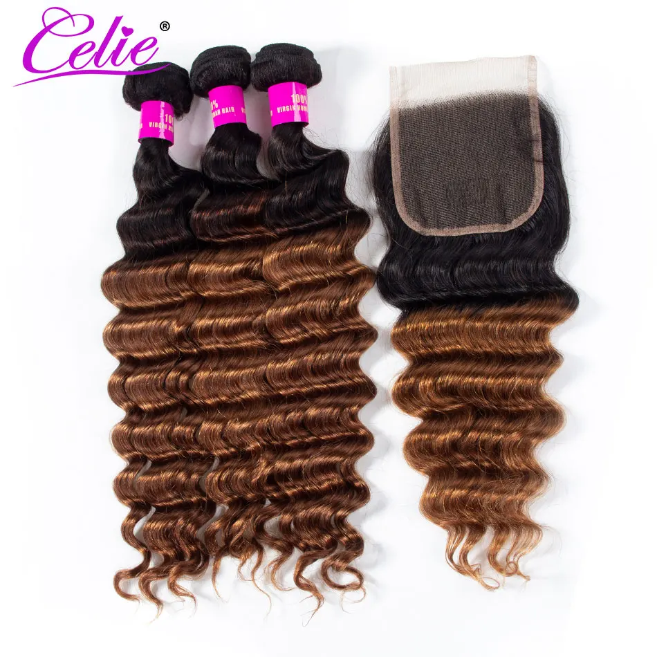 Celie Ombre Bundles with Closure 1B 30 Brazilian Loose Deep Wave Human Hair Remy 3 Lace | Шиньоны и парики