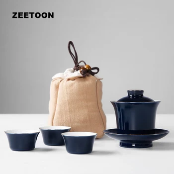

Zen Japanese Style Portable Travel Outdoor Kung Fu Tea Sets Porcelain Gaiwan Tea cup Tea Set 1 Teapot 3 Teacup with Carrying Bag
