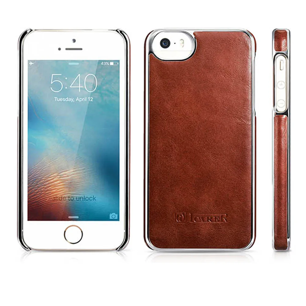 

icarer Electroplating for iPhone SE Case Leather for iPhone 5s 5 SE Hard Back Shell Genuine Leather Cover Cases Black Brown Red