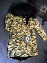 Elegant new style long jacket black faux fur lined and big real raccoon fur hood army camouflage coat Mr Mrs fur parka