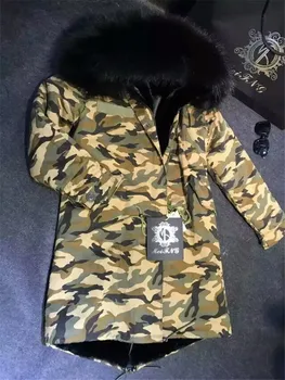 

Elegant new style long jacket black faux fur lined and big real raccoon fur hood army camouflage coat Mr Mrs fur parka