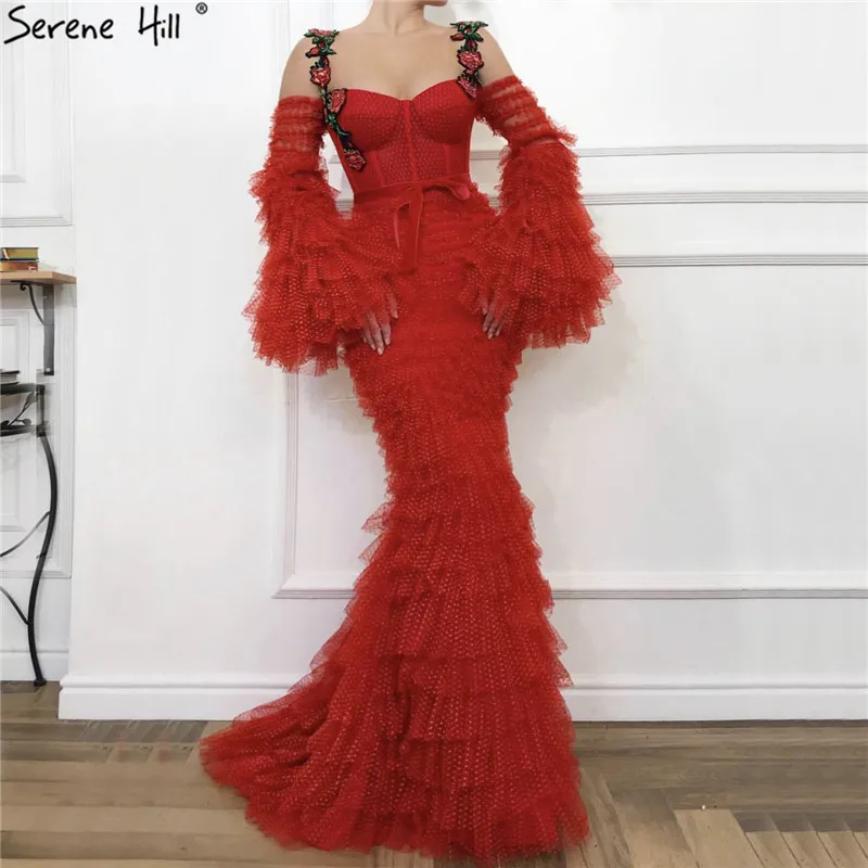 

Red Long Sleeves Latest Design Prom Dresses 2019 Flowers Crystal Mermaid Long Prom Gowns Serene Hill BLA70026