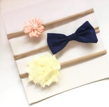 

ON SALE 3pcs/set turban headband skinny soft nylon headband satin chiffon flower kids girl headband