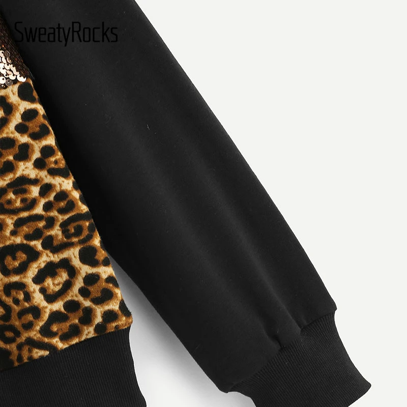 SweatyRocks الأسود التباين الترتر ليوبارد السترة طويلة الأكمام س الرقبة البلوز قمم 2018 الخريف أزياء المرأة عارضة سوياتشيرتس SweatyRocks الأسود التباين الترتر ليوبارد السترة طويلة الأكمام س الرقبة البلوز قمم 2018 الخريف أزياء المرأة عارضة سوياتشيرتس