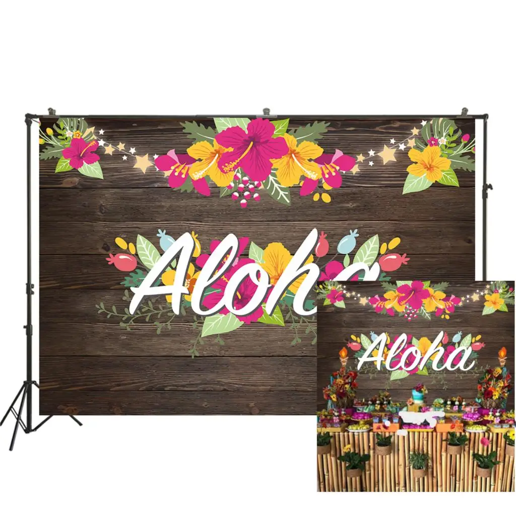 

Hawaiian Luau Party Backdrop Aloha Vintage Wood Birthday Photo Background Tropical Flower Pineapple Tiki Mask Backdrops W-2021