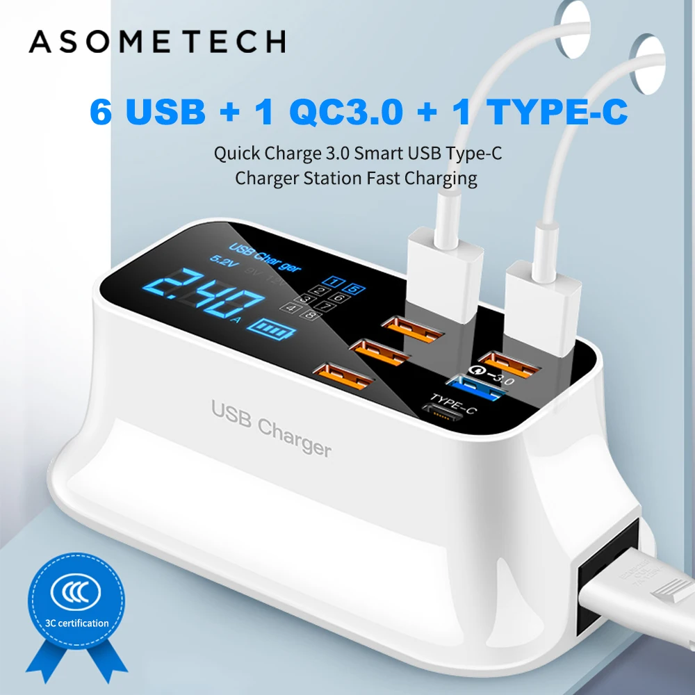 

6USB+1 QC3.0+1 Type C Quick Charge 3.0 Desktop Led Display For Android Iphone Adapter Phone Tablet Fast Charging USB Charger